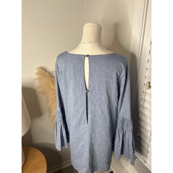 Free People Chambray Flare Sleeve Mini Dress Romper Womens XS Deep V Playsuit - Picture 8 of 10